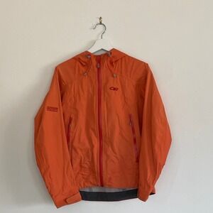 Outdoor Research Mens Small Orange Hooded Rain Jacket Technical Shell Waterproof